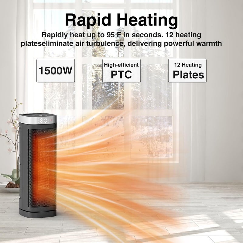 WINHL Space Heater, 17 Inches Electric Heaters for Indoor Use with Thermostat and Remote, 70°Oscillation, 12H Timer, 5 Modes, 1500W PTC Ceramic Fast Safety Heat for Office Bedroom Home - Image 4